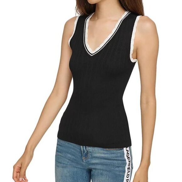 Karl Lagerfeld Paris Scalloped Trim Ribbed Tank - Black, Size Small, NWT - Picture 6 of 6